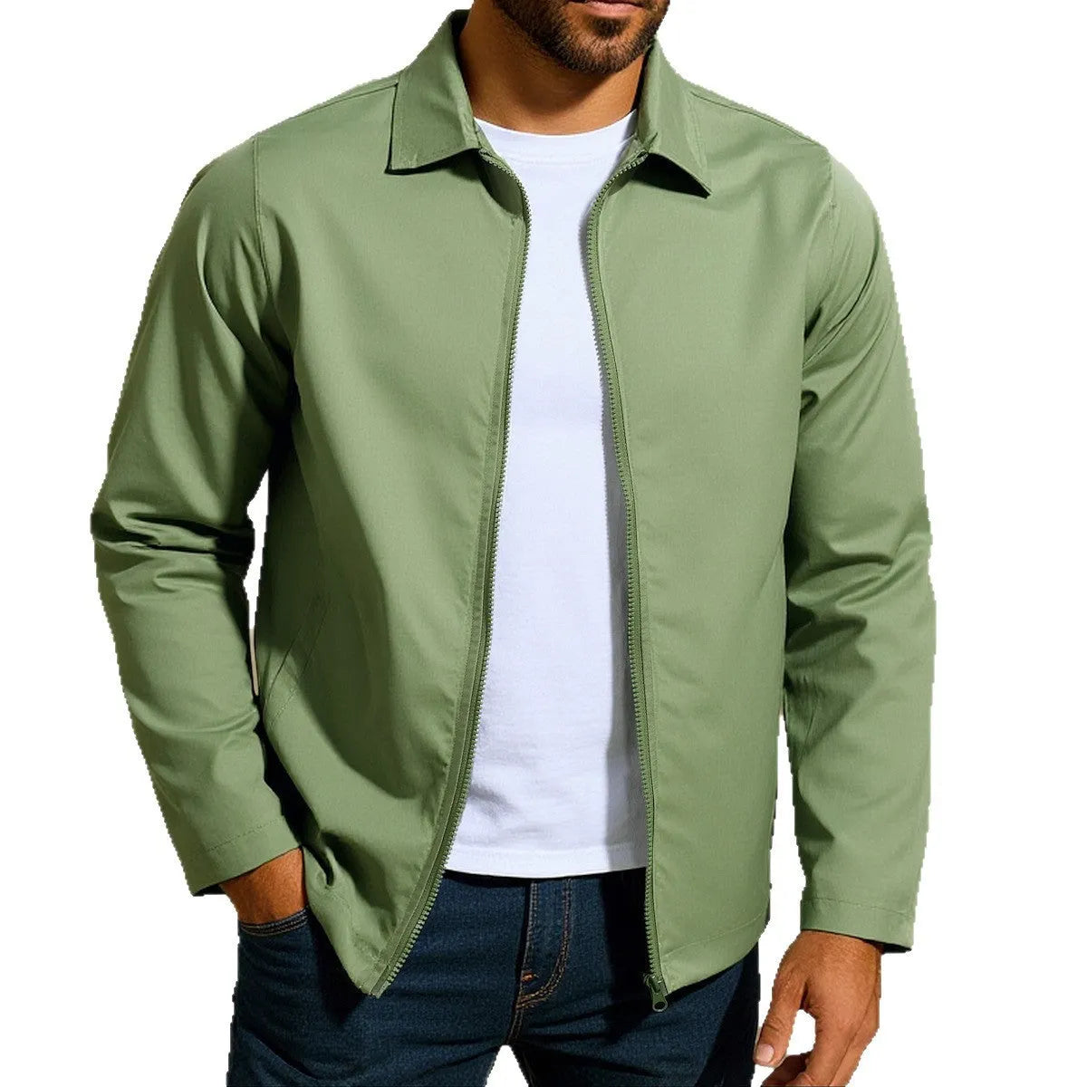 Man wearing an emerald green zippered cardigan jacket with raglan sleeves.