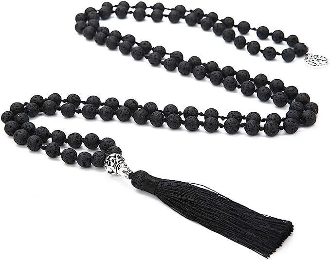 Handmade knotted beaded necklace with 108 stone pendants showing colour variations