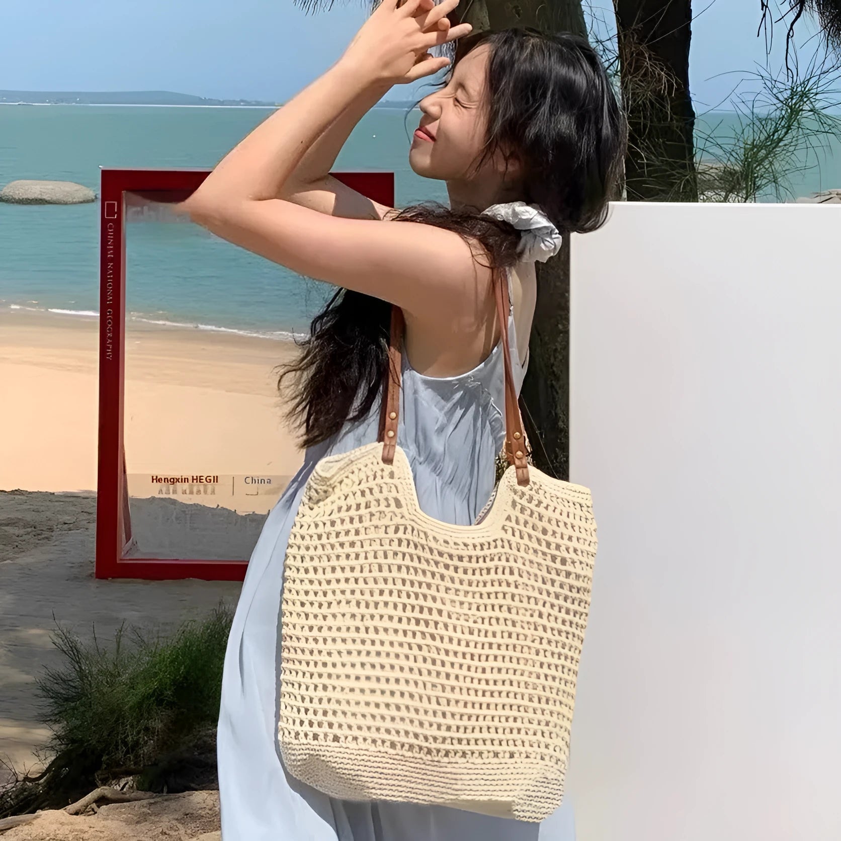 Beige woven cotton linen large capacity shoulder bag with shoulder strap