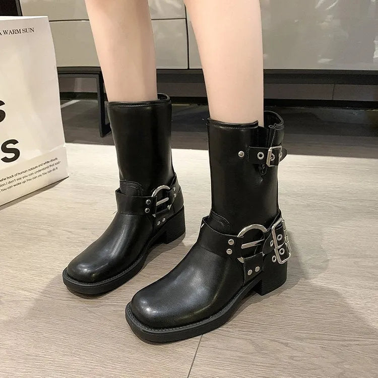 Women's platform mid-calf boots with chunky sole and belt buckle detail in black/brown