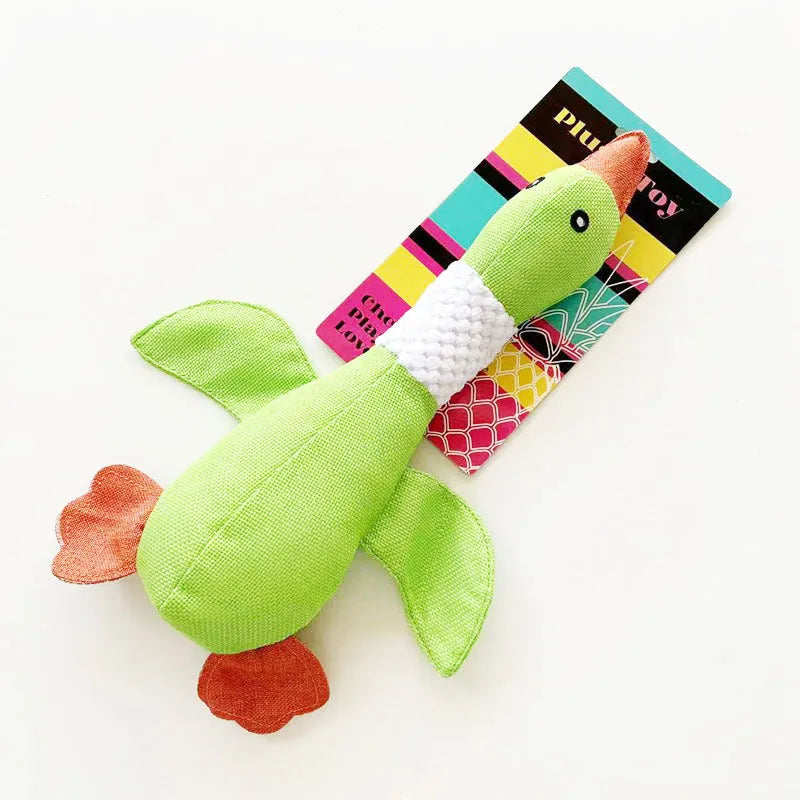 Blue dog plush toy in duck shape with two squeakers, measuring 33cm by 10cm, for large breed dogs