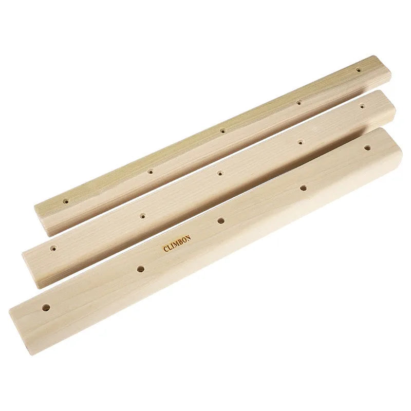 Three wooden hangboards for grip strength training in 12cm, 40cm, and 50cm sizes with multiple edge depths
