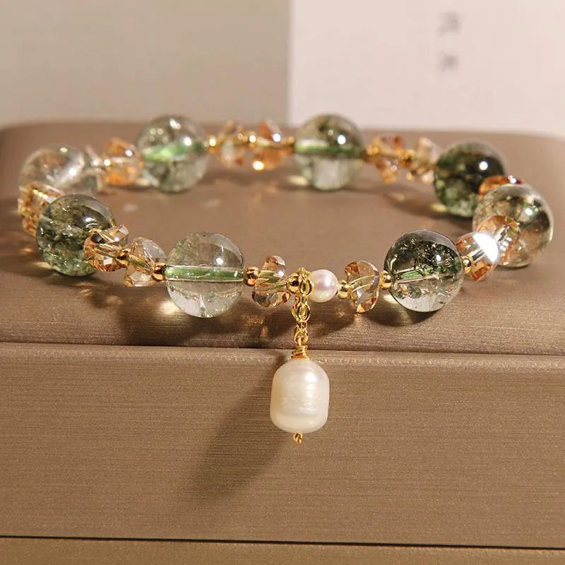 Green phantom quartz crystal bracelet with champagne accents in Japanese Korean style design