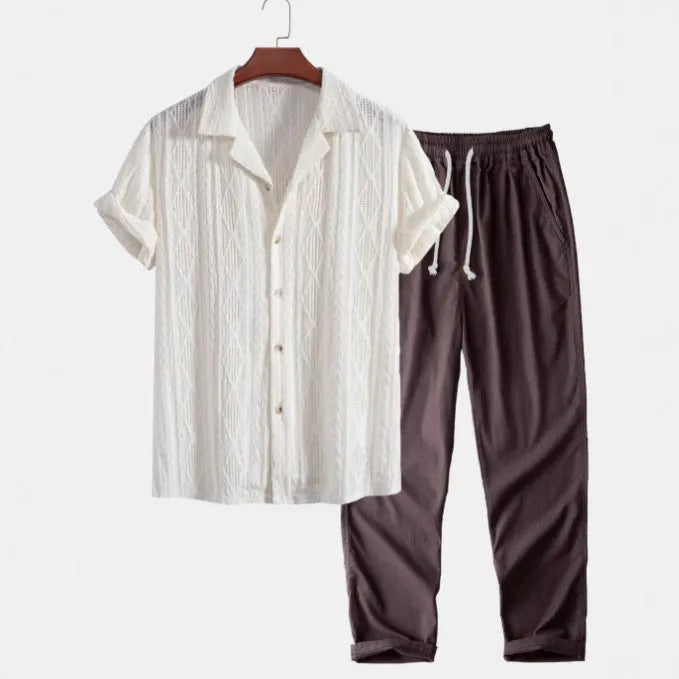 Camouflage print short-sleeved shirt and trousers suit with cardigan lapel, slim fit, and thin linen fabric for leisure wear