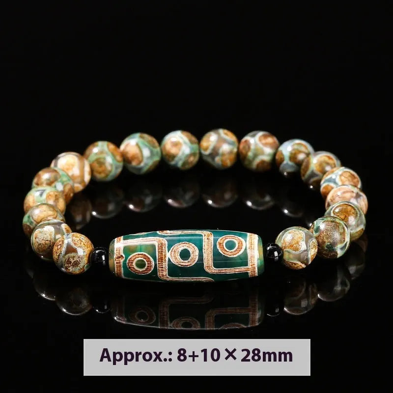 Green dzi bead barrel-shaped bracelet with 8mm agate beads, handmade unisex design
