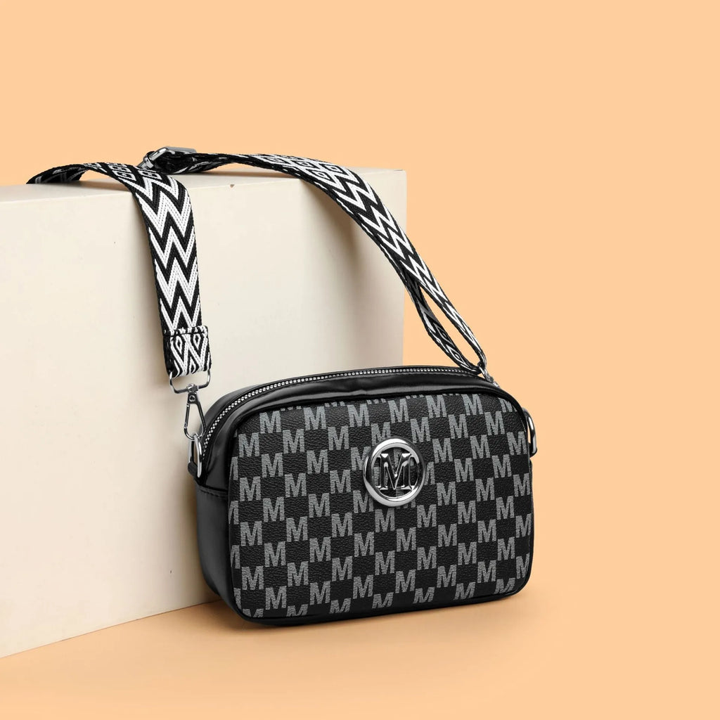 PU leather wide-strap crossbody bag in black, brown or white with three-dimensional pocket design