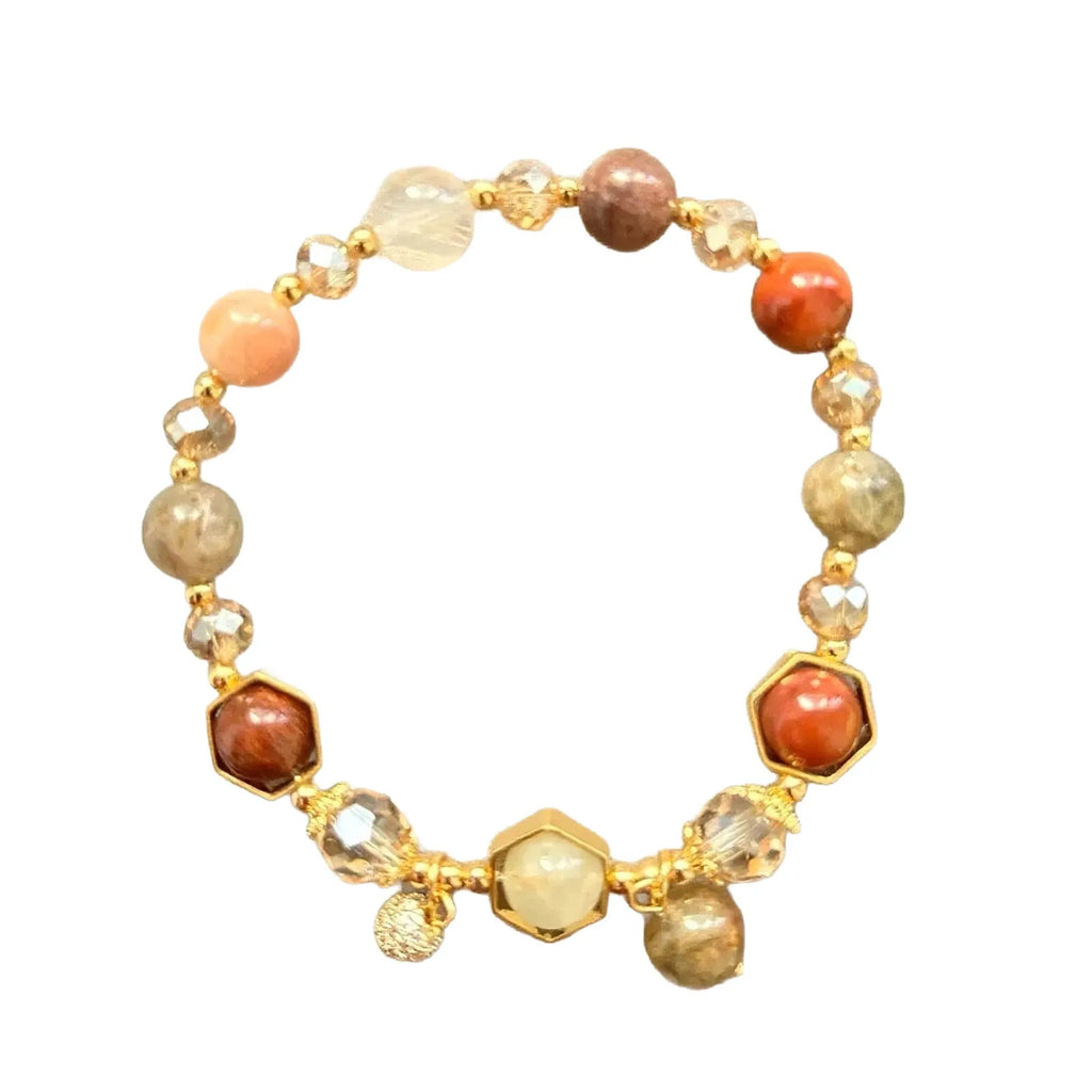 Gold luxury citrine bracelet with 8mm crystal beads and Chinese auspicious symbols including Fu character