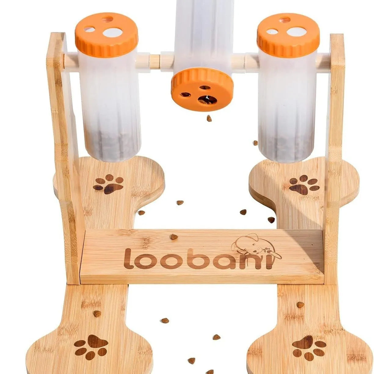 Wooden dog puzzle toy treat dispenser measuring 31x30x20cm with compartments for canine mental stimulation