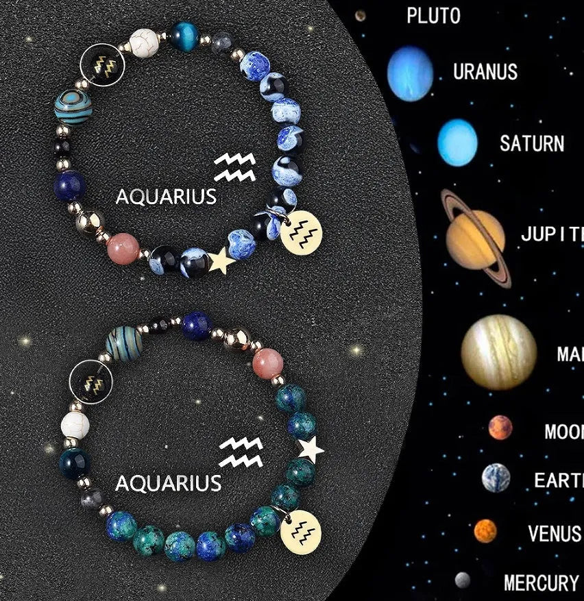 Twelve zodiac sign beaded bracelets with natural stone beads on adjustable elastic cord