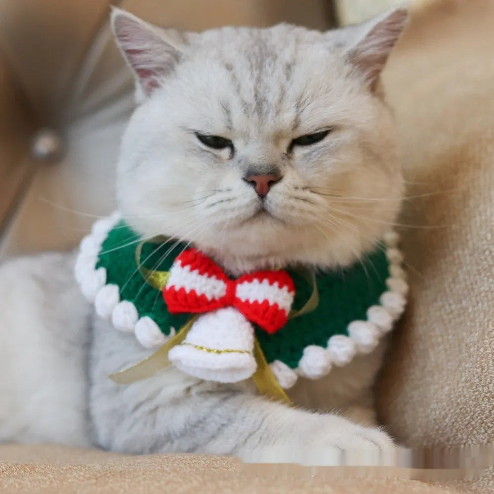 Knitted wool Christmas scarf for a small dog featuring a striped Santa Claus pattern.