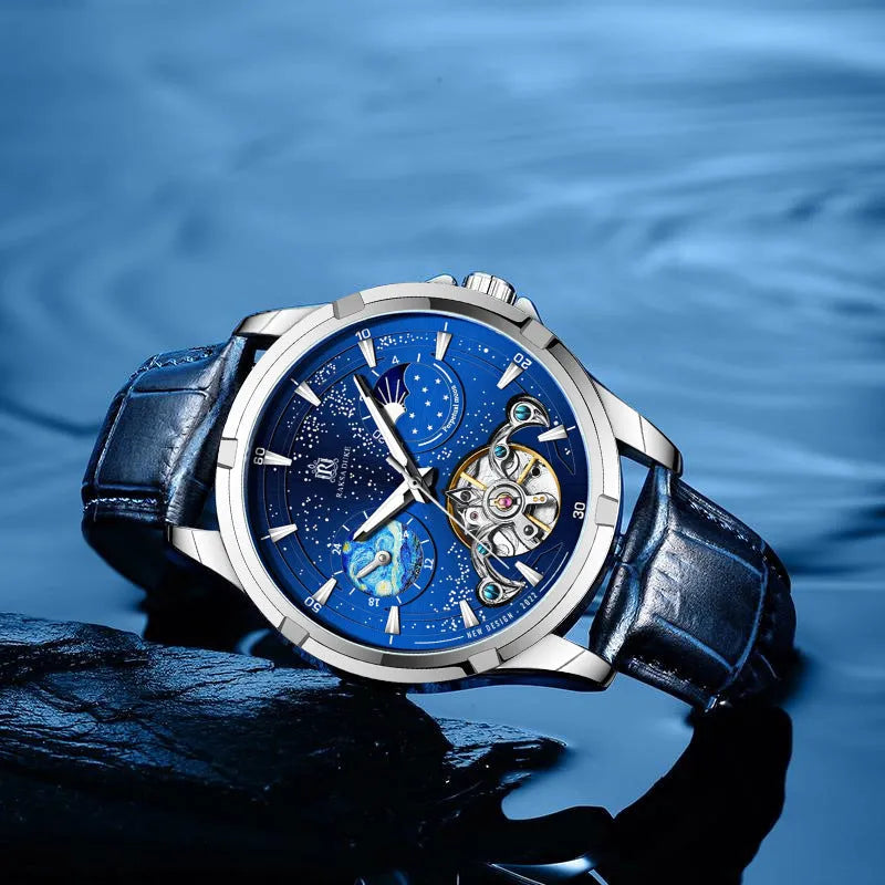 Men's blue dial automatic mechanical watch with 14mm stainless steel case showing time at 10:10