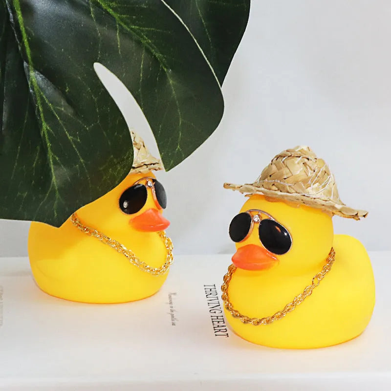 Yellow duck wearing straw hat car dashboard ornament with matte finish, 12cm height with base glue and sunglasses necklace