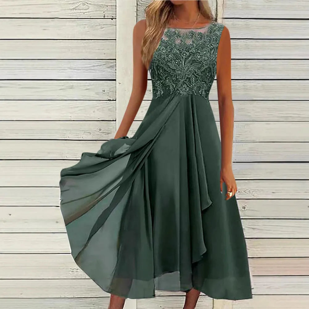 Women's sleeveless chiffon dress with hollow-out lace stitching in green, showing mid-length skirt and princess style silhouette