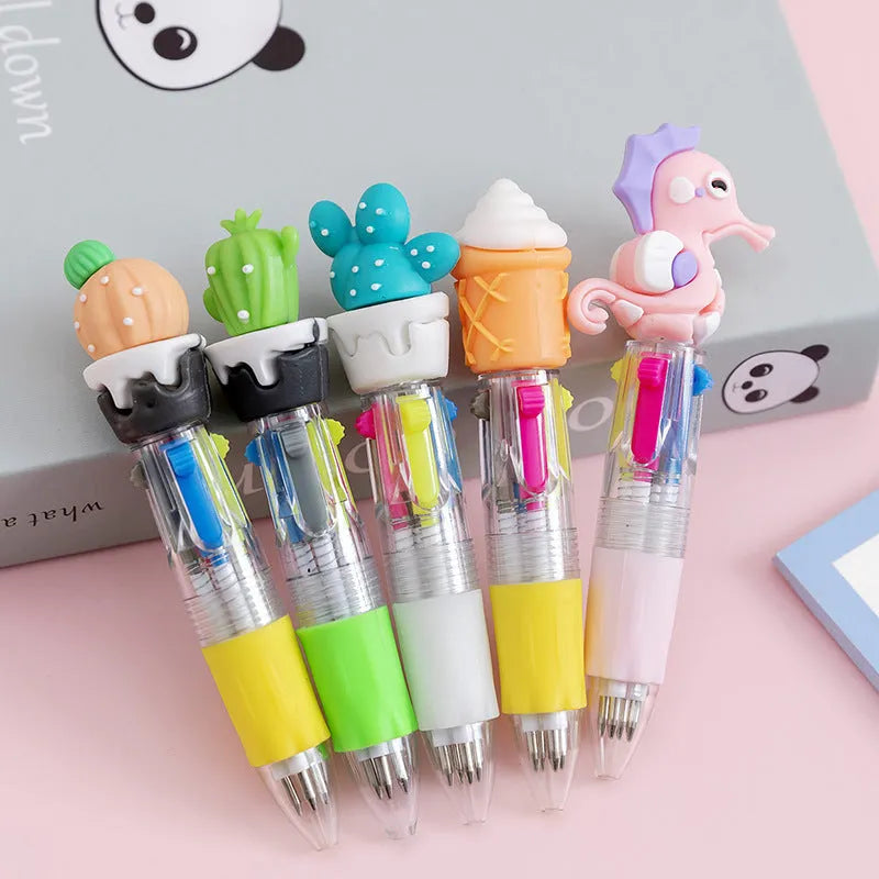 Cartoon-themed four-colour press ballpoint pen showing press mechanism and 0.7mm tip with themed design options