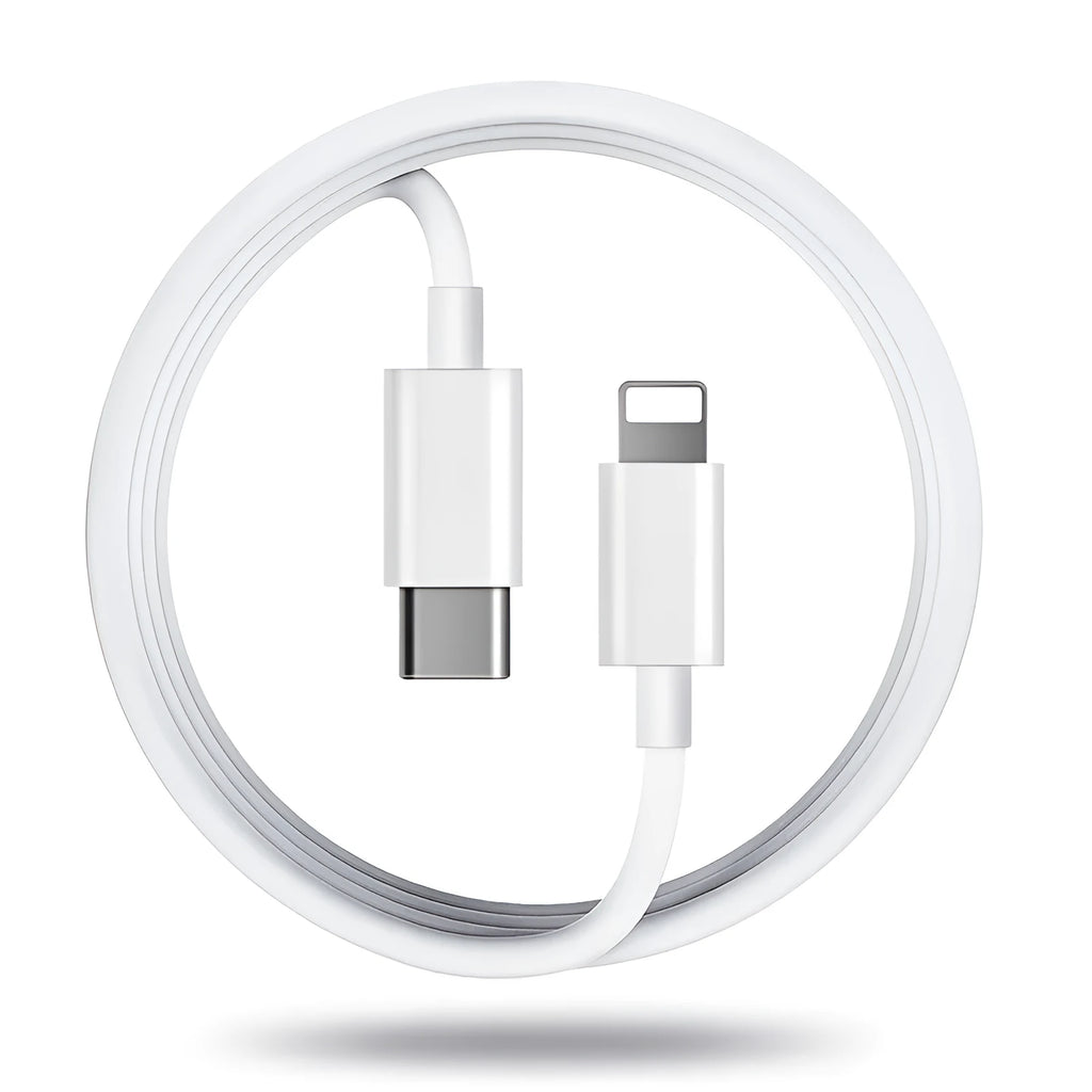 Grey Apple Lightning charging cable showing length options from 1 to 3 metres with 20W fast charge support