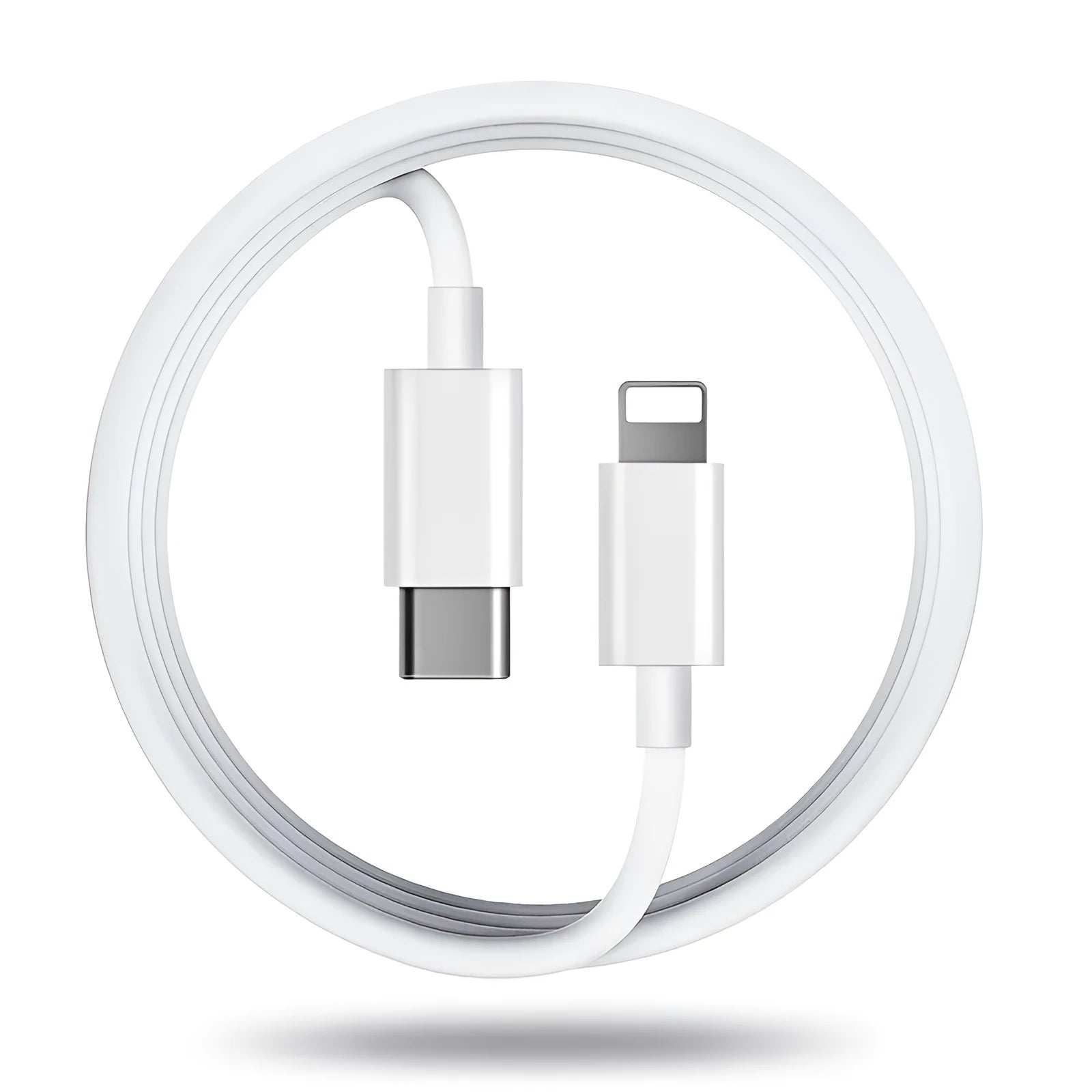 Grey Apple Lightning charging cable showing length options from 1 to 3 metres with 20W fast charge support