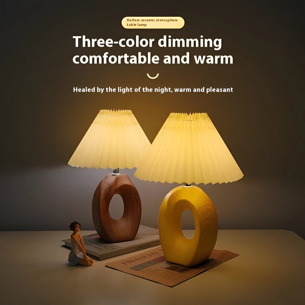 Nordic pleated vintage ceramic small night lamp with beige wood grain base and USB power