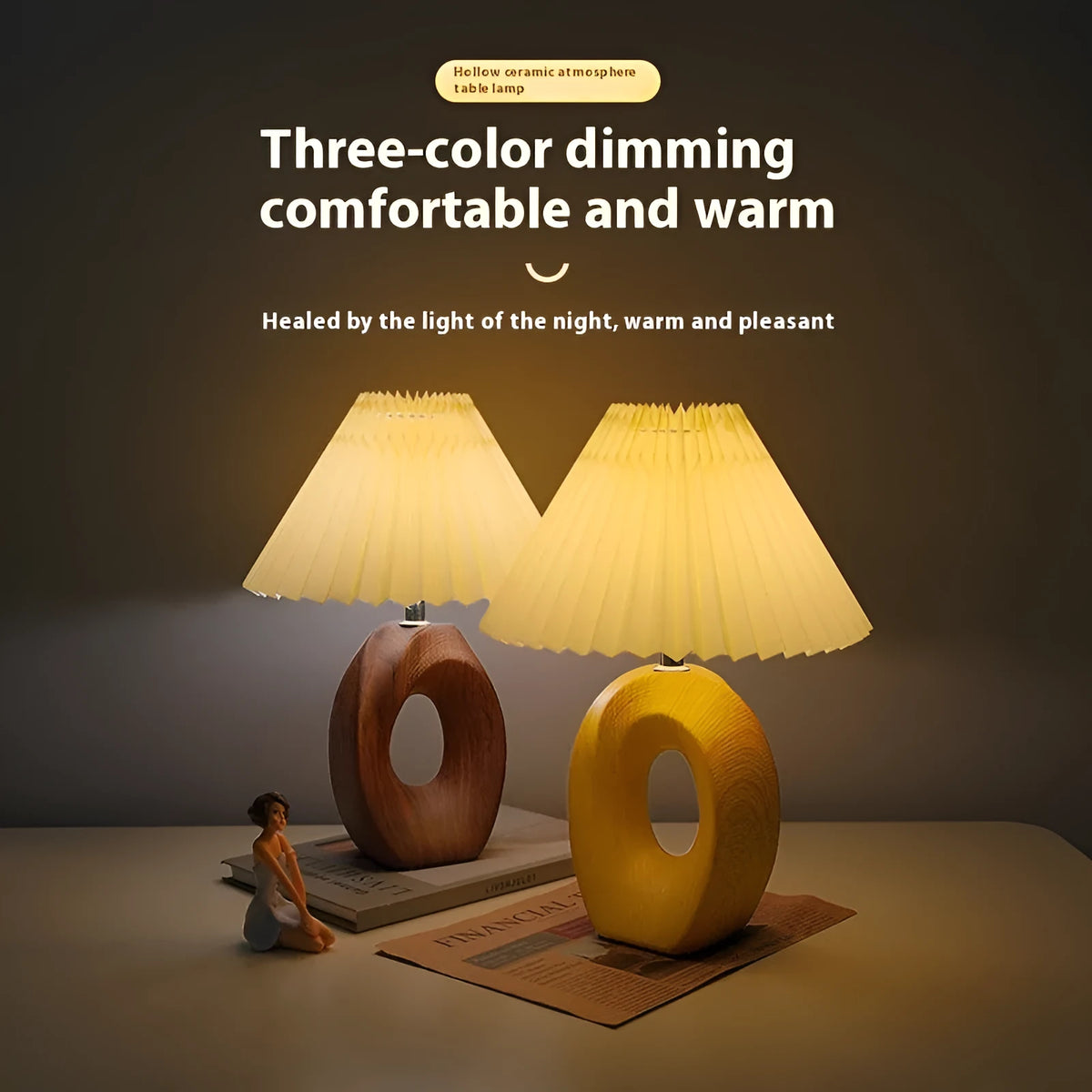 Nordic pleated vintage ceramic small night lamp with beige wood grain base and USB power