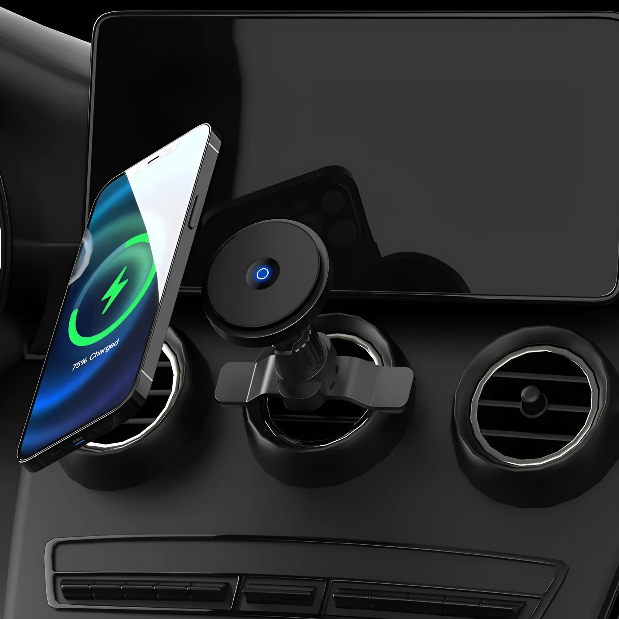 Silver magnetic 15W wireless car charger mounted on a car air vent showing aluminium alloy construction