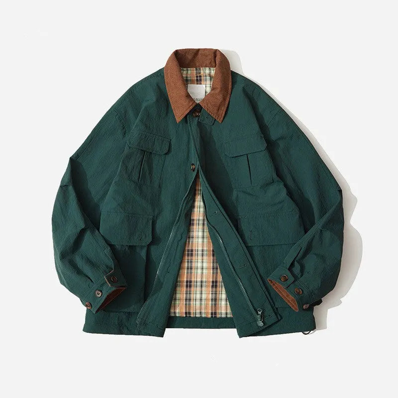 Green or apricot casual jacket with side seam pockets, long sleeves, sizes M to XXXL