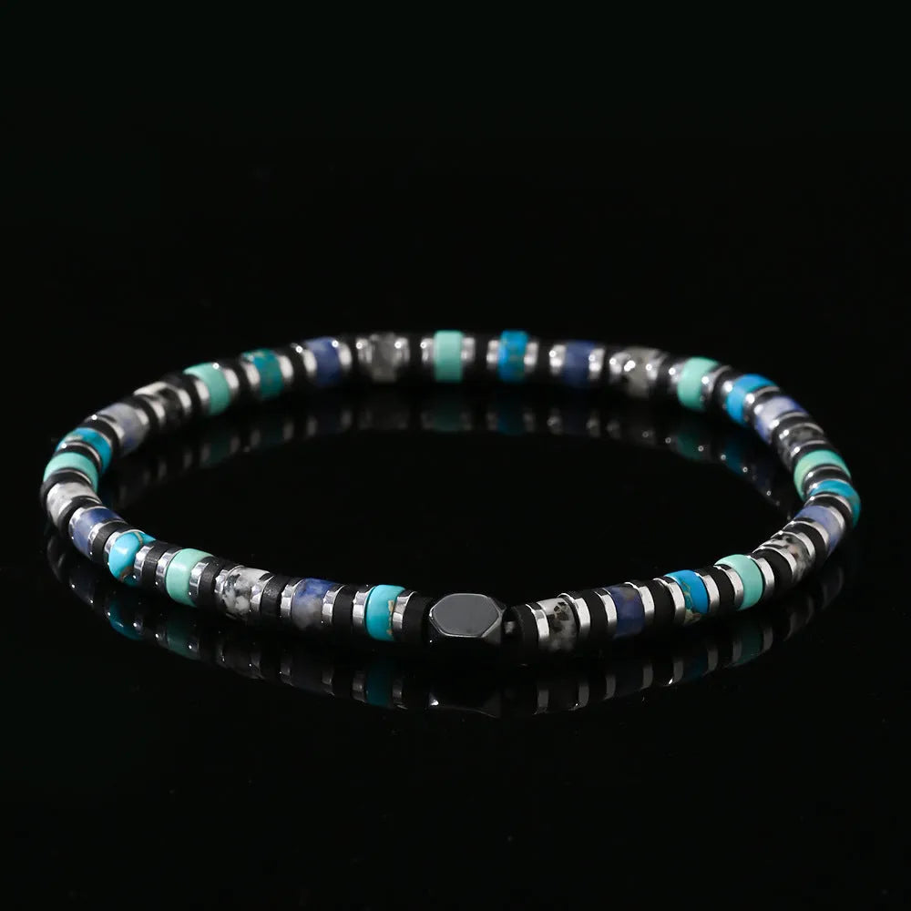 Hand-woven Bohemian bracelet with natural semi-precious stones in cylindrical geometric shape