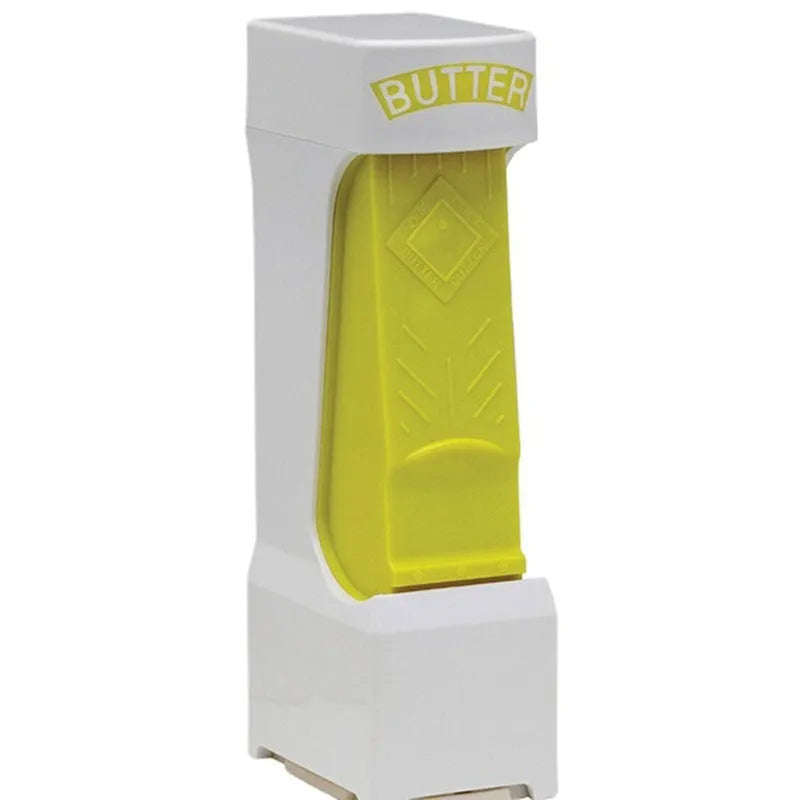 Yellow plastic butter slicer and storage box with a one-button dispenser for standard 4.75 inch butter bars.