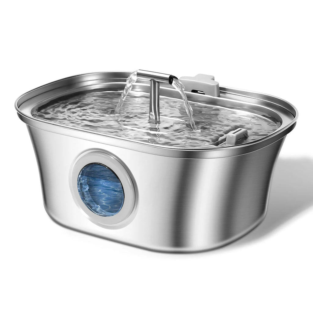 Stainless steel pet water dispenser with runway design and automatic refill system