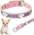 Reflective adjustable dog collar with decorative paw rivet on soft PU leather
