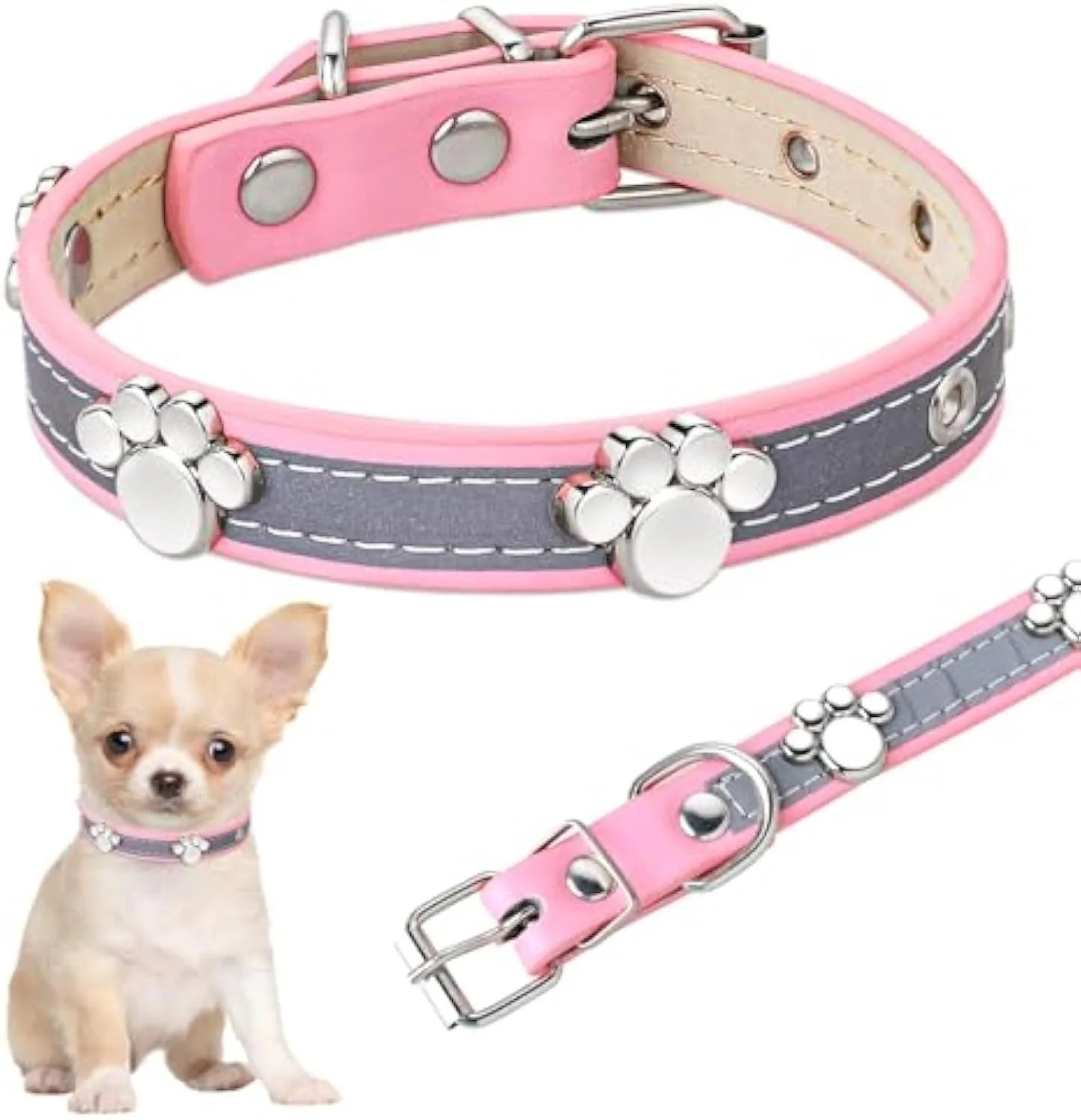 Reflective adjustable dog collar with decorative paw rivet on soft PU leather