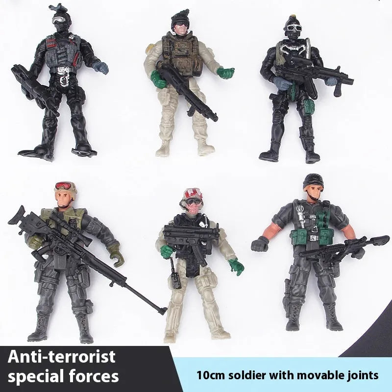 10cm plastic military soldier model with movable joints, shown in anti-terrorism special forces, Flying Tiger, zombie, and Employment Corps options.