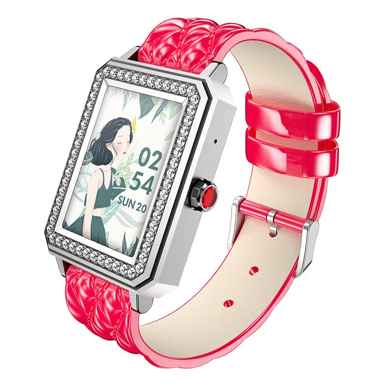 Women's smart bracelet with genuine leather strap and 1.65-inch touchscreen displaying health monitoring data