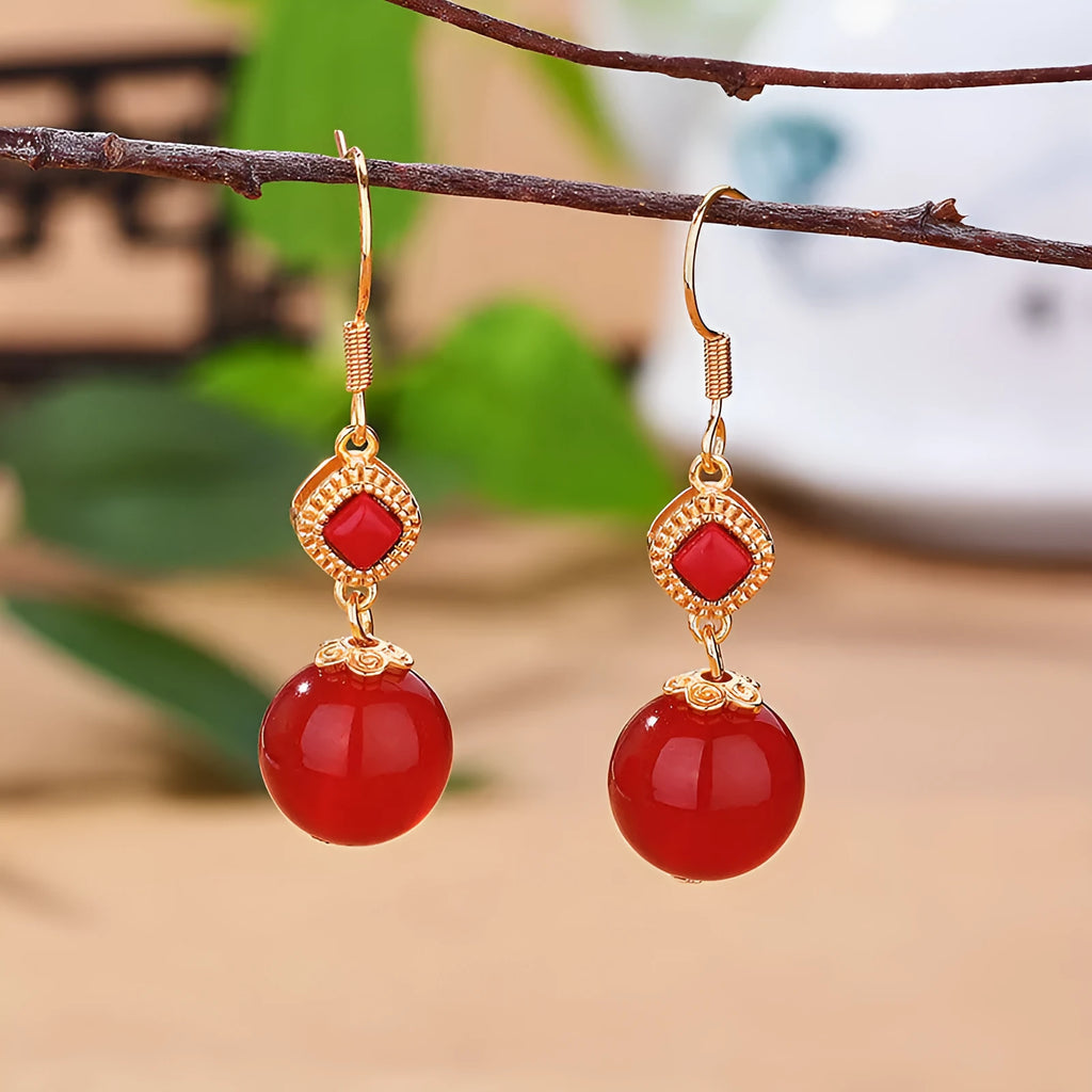 Southern red agate round bead earrings with geometric design and S925 silver inlaid jasper accents