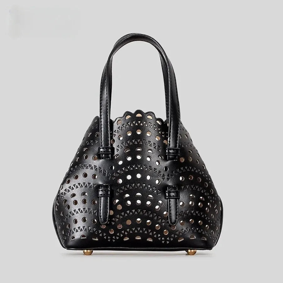 Hollow carved shoulder messenger bag in horizontal square shape with three straps in choice of eleven colours