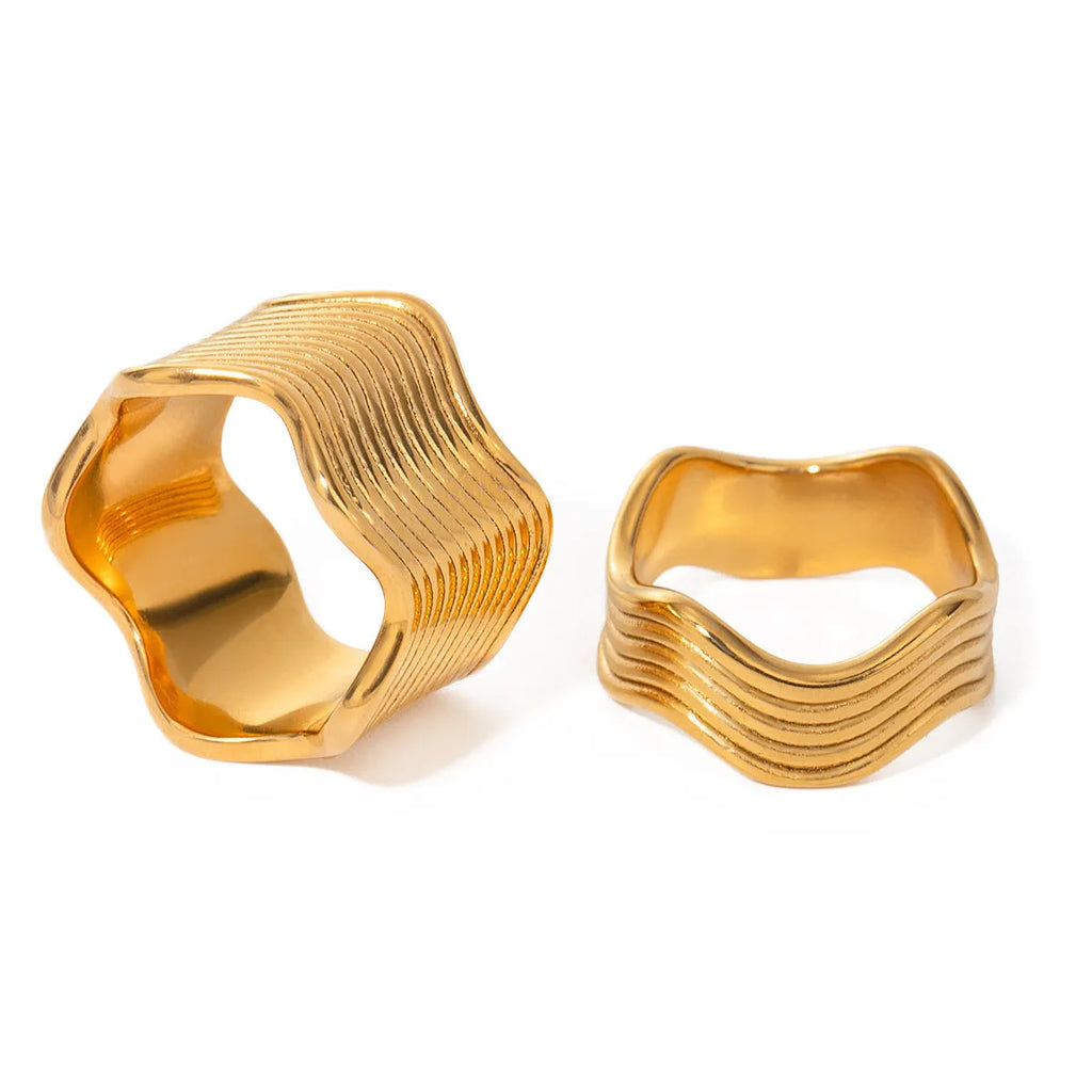 Stainless steel geometric wave pattern ring with 1.2 cm wide surface and electroplated finish