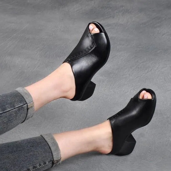 Women's black square heel peep-toe slippers with PU upper and rubber sole