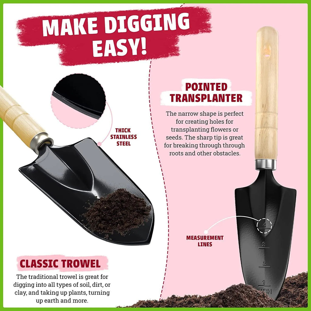 Stainless steel gardening tool set of 8 pieces including trowel, transplanter, cultivator, and other implements