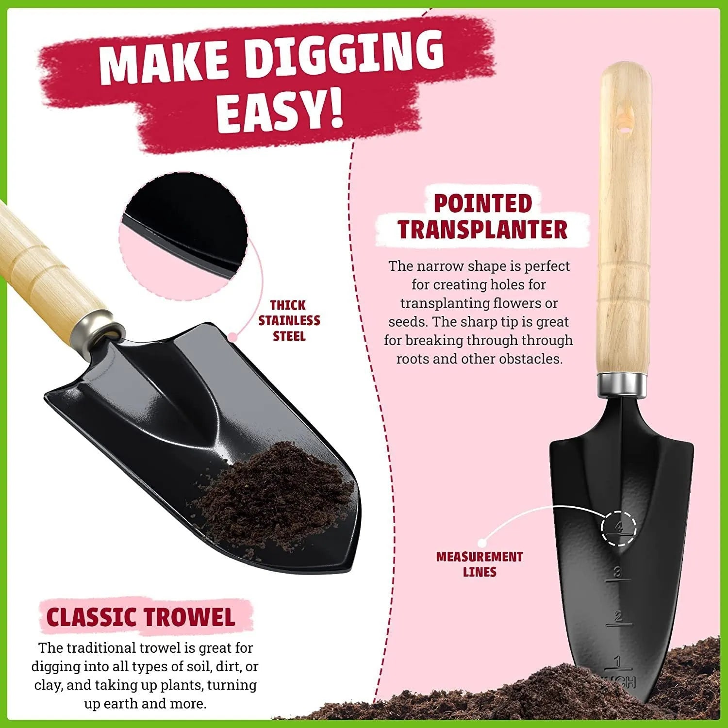 Stainless steel gardening tool set of 8 pieces including trowel, transplanter, cultivator, and other implements