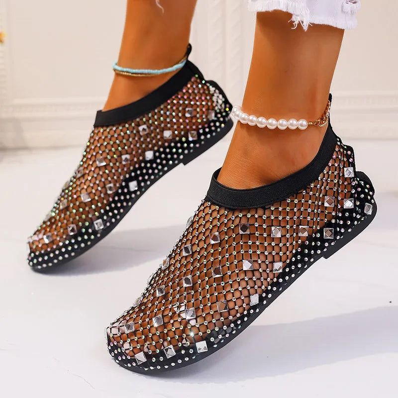 Women's mesh flat sandals with colourful rhinestone design on round toe, showing rubber sole and breathable upper