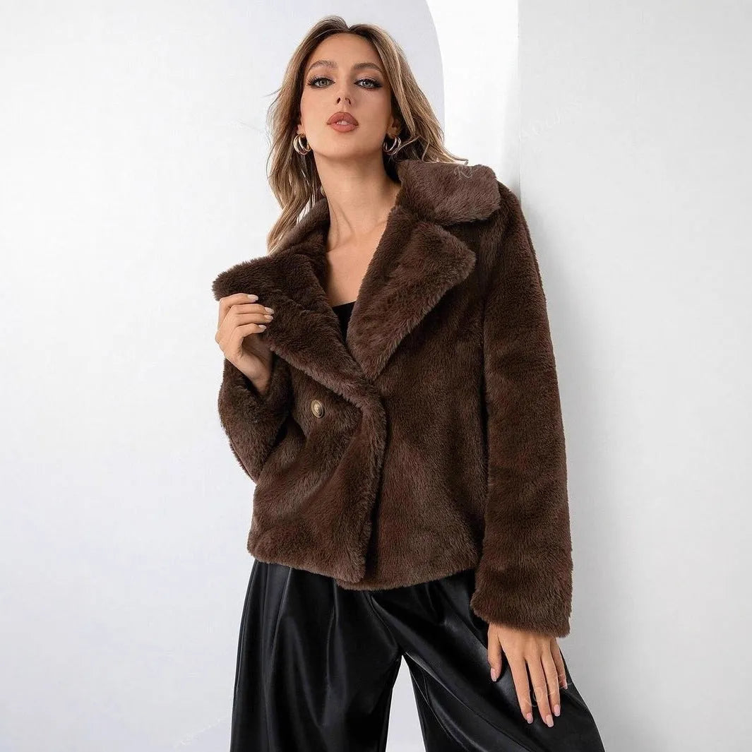 Women's loose short fox fur coat in rose red, 50cm length with regular sleeves and faux fur fabric