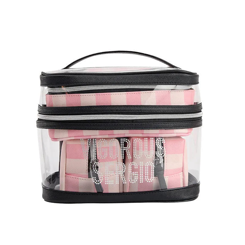 Pink bold stripes floral pattern folding makeup kit with three compartments open showing nylon lining