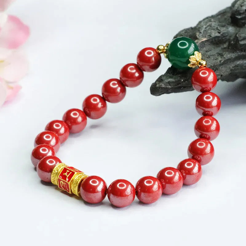 Emperor Sandstone coloured cinnabar bracelet with six engraved Chinese characters on 8mm beads.