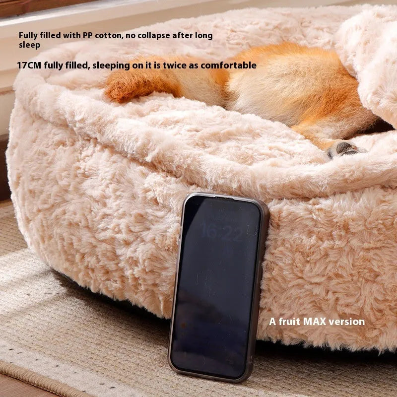 Small round nest dog kennel in a soft milk tea coloured cloth, suitable for indoor use.