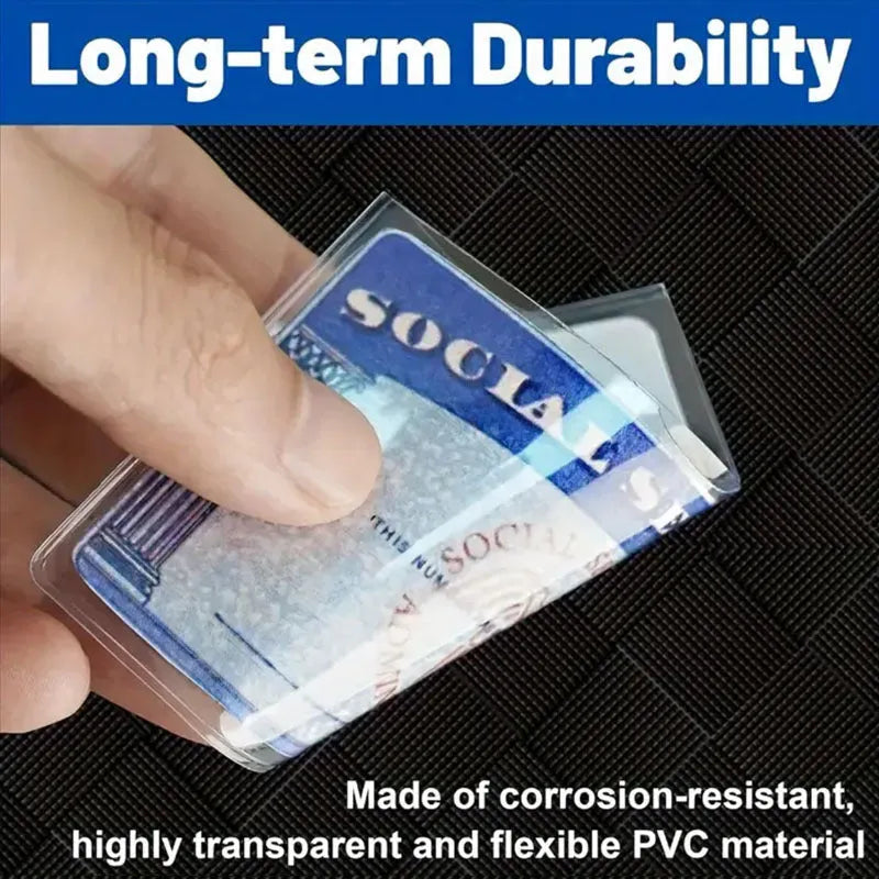 Transparent PVC social security card holder measuring 9.7cm by 5.9cm with waterproof protection