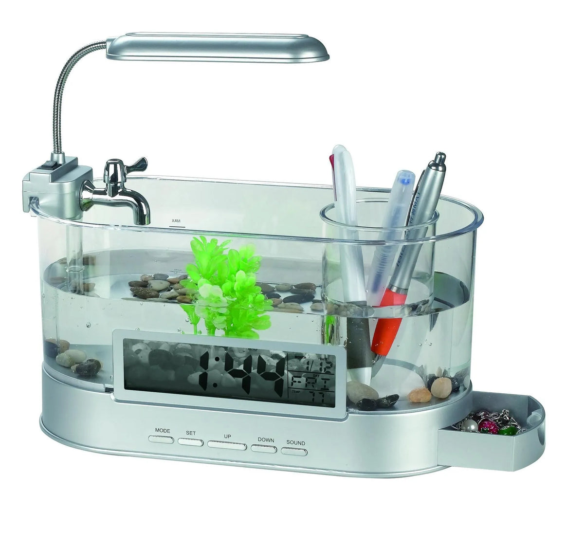 Black USB desktop mini aquarium pen holder with transparent tank and time, date, week, temperature display