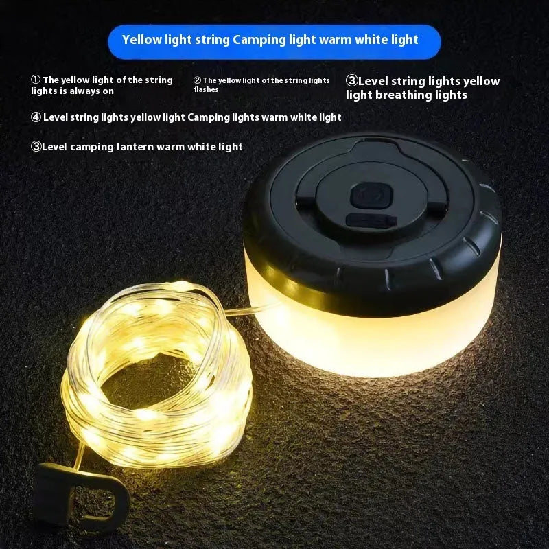 8 metre rechargeable outdoor tent string lights with 30 LED beads in warm white or multicolour modes