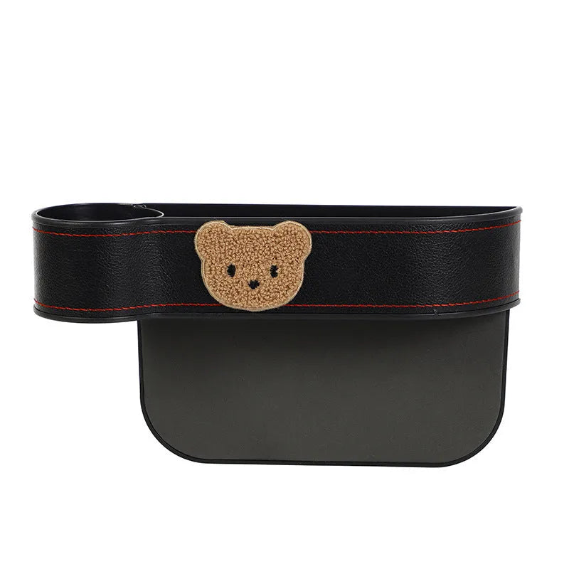 Leather car seat gap storage box with cartoon bear design for organising small items in vehicle