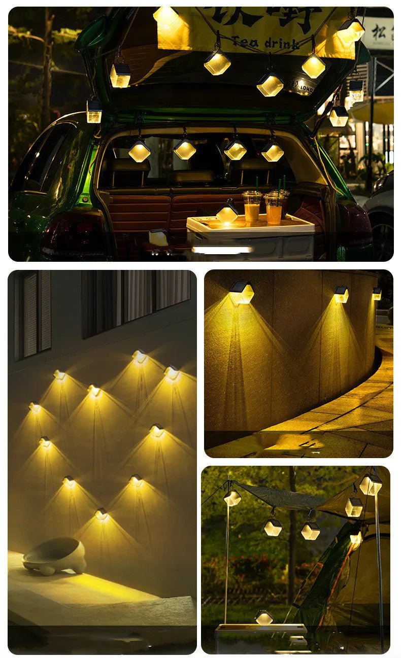 Outdoor solar ice brick chandelier, dual colour LED, IP65, 95 x 95 x 48 mm, with hanging clip