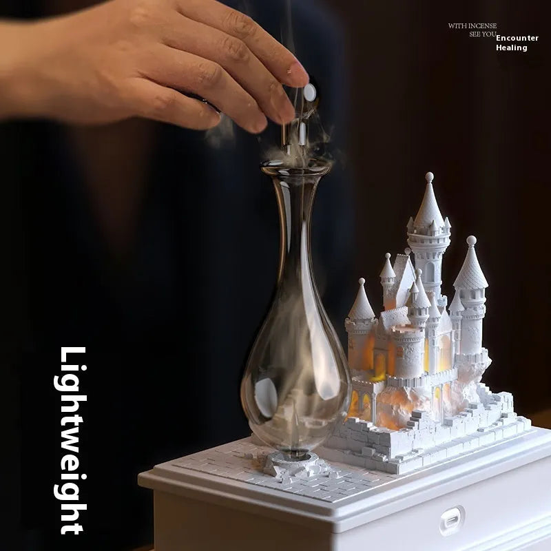 White medieval castle cold fragrance aromatherapy machine with ambient lighting, 188mm tall with USB-C charging port
