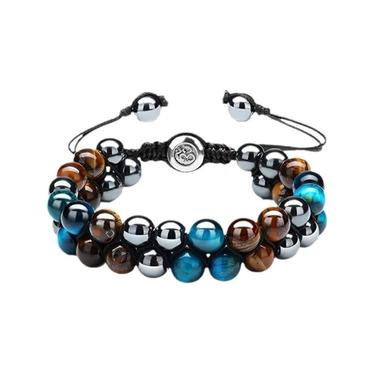 Men's handcrafted Tiger Eye double-row woven bracelet with geometric beads and magnetic closure
