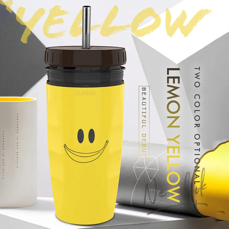 Double insulation travel tumbler with twist-top silicone seal showing cartoon patterns